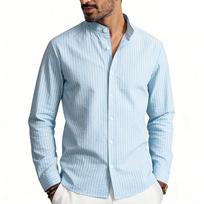 Men Casual Business Loose Stand Collar Long Sleeve Vertical Stripe Shirt S mėlyna