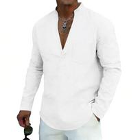 Mens Loose Stand Collar Long Sleeve Breathable Casual Linen Shirt S balta
