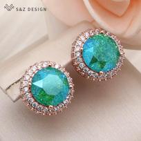 Fashion Round Ice Crack Crystal Drop Earrings For Women Rose Gold Color Cubic Zirconia Jewelry Gift