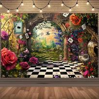 2D Alice in Wonderland Backdrop Banner, Magical Garden Photography Background 47.2x31.5inch/120*80cm