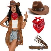 Kaubojės apranga, įskaitant siuvinėtą rodeo skrybėlę, dekoratyvų diržą ir spalvingą bandana, cosplay renginiui