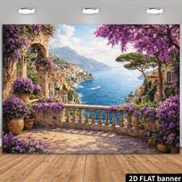 2D Amalfio kranto balkono fonas, violetinės bugenvilijos vėliava 47.2x31.5inch/120*80cm