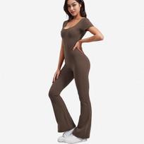 Flare-Leg Yoga Jumpsuit with Square Neck and Back Cutout for Fitness and Casual Wear