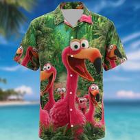 Vyriški Flamingas Paukštis Atogrąžų Miškas Marškiniai Kubietiška Apykaklė Marškiniai Vasariniai Havajietiški Marškiniai Trumpomis Rankovėmis 5XL brown