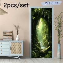 2pcs Tropical Rainforest Cave Waterfall Wall Stickers 3D Simulation Door Stickers Living Room Entrances Bedroom Background Wall (as the picture,38.5x200cmx2)