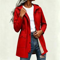 Women's Outdoor Waterproof Hooded Raincoat Mid-Length Windbreaker Jacket Adjustable Waist with Button and Zipper Closure M raudona