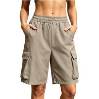 Women Loose Fit Casual Work Shorts with Elastic Waistband and Multiple Pockets for Daily Wear Outdoor Activities L smėlis