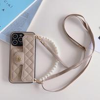 Kryžinė apyrankė su perlais telefono dėklas IPhone 12 Mini 16 Plus 15 14 13 11 Pro Max XR XS Piniginė su kortelių laikikliu Odinis dėklas For iPhone 15 gray