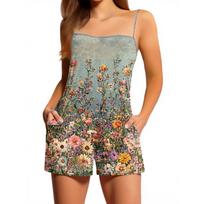 Women's Casual Fashion Floral Print Sleeveless Suspenders With Pockets Jumpsuit Shorts L žalsvai mėlyna