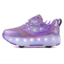 Girs LED Luminous Children's Rechargeable Running Shoes with Wheel Skates Multi Light Breatheable Boy 29 violetinė