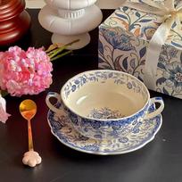 Orchidėjų mėlynos ir baltos spalvos keraminis dvigubas dubenėlių rinkinys, Aukščiausios klasės dovanos, Retro buitiniai dubenys, Didelės vertės ryžių dubenys, Kaulų išspjovimo lėkštelės 450ml gray