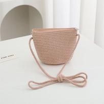 Summer solid color straw bag shoulder messenger round bag children versatile outing beach bag light board DIY round weaving beige