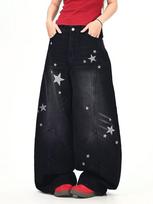 Women's Autumn Star Print Distressed Wide-Leg Jeans - Trendy, Casual, Hip-Hop Style 2XL black