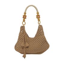 Women's Crochet Straw Tote Bag with Wooden Bead Handle for Summer Beach Use chaki
