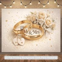 Elegant Wedding Rings Backdrop, Mr & Mrs Tag with Ivory Roses Photography Background 47.2x31.5inch/120*80cm