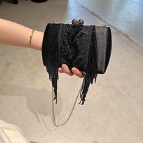 Vintage Handmade Beaded Evening Bags Crystal Black Lace Flower Fringed Tote Bag Chains Shoulder Crossbody Bag Small Square Bags 20x5x12cm juoda