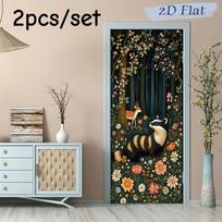 2pcs Forest Animal Wall Stickers Children's Room Bedroom Living Room Decoration Stickers Cartoon Raccoon, Sika Deer Flower Patte (as the picture,38.5x200cmx2)