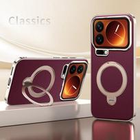 Electroplated Leather Magnetic Case for iPhone 17 Pro Max 16 15 14 13 For Magsafe 360 Rotating Stand Shockproof Matte Back Cover iPhone 13 Pro raudona