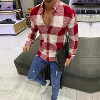 Mens Slim Fit Plaid Printed Long Sleeve Turn Down Collar Casual Shirt S raudona