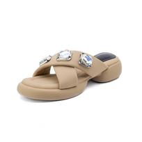 Krazing Pot Mules Natural Leather Peep Toe Thick Heels Summer Shoes Size 42 Crystal Buckle Platform Women Sandals 34 abrikosas
