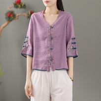 Summer Women's Clothing Shirts Blouse Blusa Mujer Vintage Casual Camisas Women Blouses Linen V Neck Embroidery M violetinė