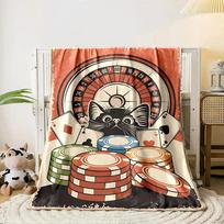 A curious cat, roulette wheel, poker chips, and cards in a vintage style. for all seasons blanket lunch break throw gift 80cm x 120cm