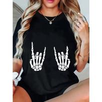 Black Loose Fit T Shirt Skeleton Hands Rock Sign Print Casual Halloween Party Wear S įvairiaspalvis
