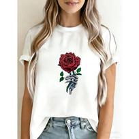 White T Shirt With Skeleton Hand Holding Red Rose Print For Casual Wear S įvairiaspalvis