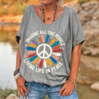 Ilstile moteriški marškinėliai „Imagine All The People“ taikos ženklu Retro hipių gėlių raštas V formos iškirptė Laisvo kirpimo Laisvalaikio vasaros viršutinė dalis S