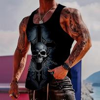 Vyriški gotikiniai kaukolės ir kryžiaus metaliniai grandinėlių tamsūs marškinėliai be rankovių Biker Rock Punk Grafiniai raštai raumenis pabrėžiantys S