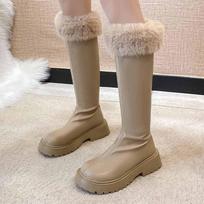 Fur Platform Women High Boots Designer Eleglant Mid Heels Leather Shoes Woman 2025 Trend Winter Pumps Fad Chelsea Botas Mujer 35 chaki