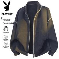 PLAYBOY Men's Casual Stand Collar Knit Jacket 5XL tamsiai pilka spalva