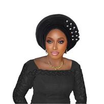 New Elegant African Autogele Women's Turban Hat Nigeria Wedding Party Hat With Embroidery Lace Party Headwear One Size juoda