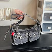 Stylish Washed Denim Messenger Bag, Y2K Style Underarm Purse with Balloon Dog Charm Commuter Handbag Shoulder Bag for Women