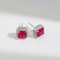 Ruby Princess Square Earrings: Inlaid Red Corundum Pigeon Blood Red Small Square Sugar Earrings for Women