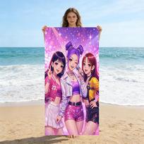 K-POP stiliaus paplūdimio rankšluostis, rožinės ir violetinės spalvos gradientas, žvaigždėtas dangus, anime dizainas, skirtas paplūdimiui, baseinui, stovyklavimui, lauko veiklai 50X100CM