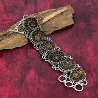 Žavingas amonito fosilijos brangakmenių papuošalas, 925 prabos solidus sterlingų sidabro papuošalas, rankų darbo apyrankė, subtilus fosilijos papuošalas jai 8 Inches With Adjustable ruda