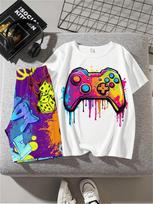 Tween Boy Casual And Simple Gaming Console Patterned Short Sleeve T-Shirt And Shorts Set, Suitable For Summer 100 black