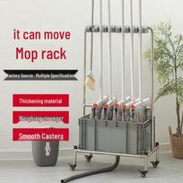 Stainless Steel Movable Floor-Standing Cleaning Rack with Mop, Broom, and Dustpan Holders 5 hooks 6 hangers basic
