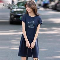 Casual Floral Print T-Shirt Dress XL safyro mėlyna spalva