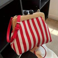 Vintage Striped Crossbody Bag, Wooden Frame Kiss Lock Clutch with Adjustable Strap, Retro Casual Shoulder Purse for Women