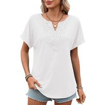 Women Solid Color V Neck Lace Trim Loose Short Sleeve T Shirt Top S balta