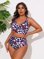 Didesnių dydžių moteriškas liekninantis aukštos juosmens tankini bikini su raštu XL brown