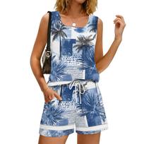 Women's Summer Casual Floral Print Tank Top Square Neck Sleeveless Sportswear Set with Pockets Shorts Two Piece Outfit M mėlyna