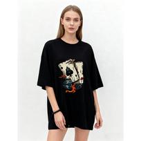 Per dydžio T-shirt Juoda su kortomis, kauliukais ir liepsnos atspaudu Laisvalaikio gatvės mada Moteriškas viršus S įvairiaspalvis
