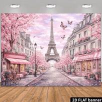 2D Pink Paris Street Backdrop, Eiffel Tower with Cherry Blossoms Banner 47.2x31.5inch/120*80cm