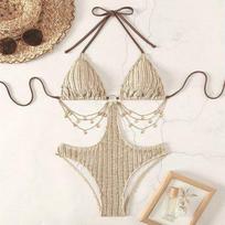 Women's European-American Fashion Sexy One-Piece Bikini Swimsuit M beige