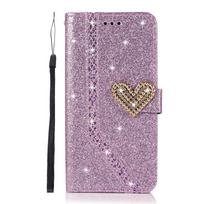Blizganti odinė atverčiama telefono dėklas su blizgučiais, skirta iPhone 15 14 13 12 11 Pro Max XR XS X SE 2020 7 8 Plus, su pinigine, stoveliu, dangtelis For iPhone 14ProMax&Case & Strap violetinė