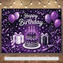 2D 2D Flat Printing Purple Birthday Backdrop with Cake & Party Supplies 47.2x31.5inch/120*80cm