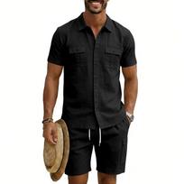 Men Solid Casual Short Sleeve Utility Shirt Multi Pocket Shorts Two Piece Set S juoda